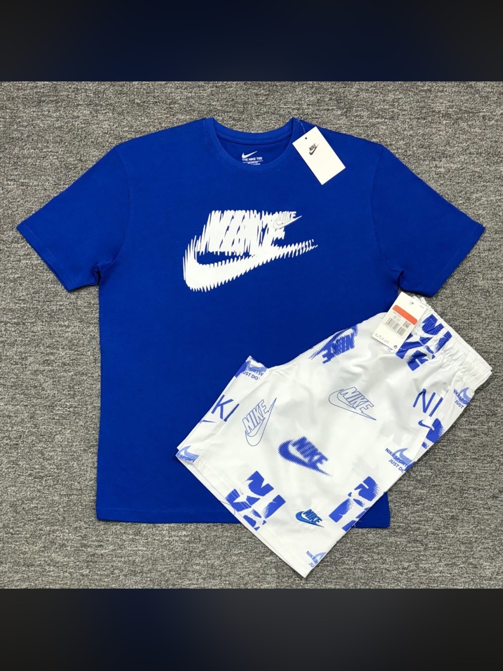 Nike Royal Blue Tee with White Logo & White Shorts with Blue Print